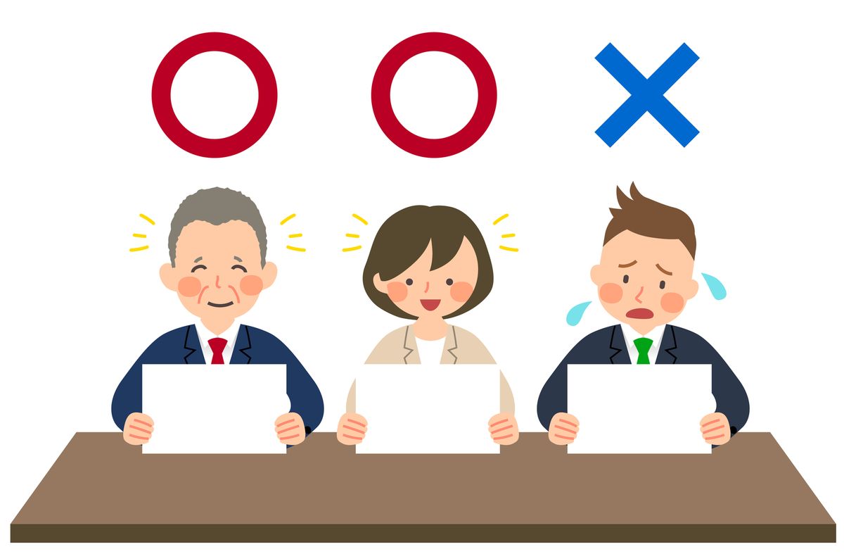 ○○×の札を持つ3人の人物